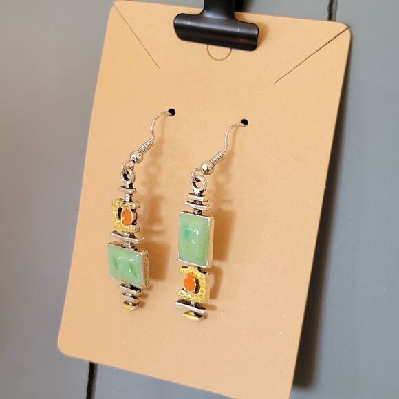 Boho Green Orange Dangle Earrings Pierced Silver Tone 1.9" Drop Jewelry Gift Bag - Picture 10 of 10